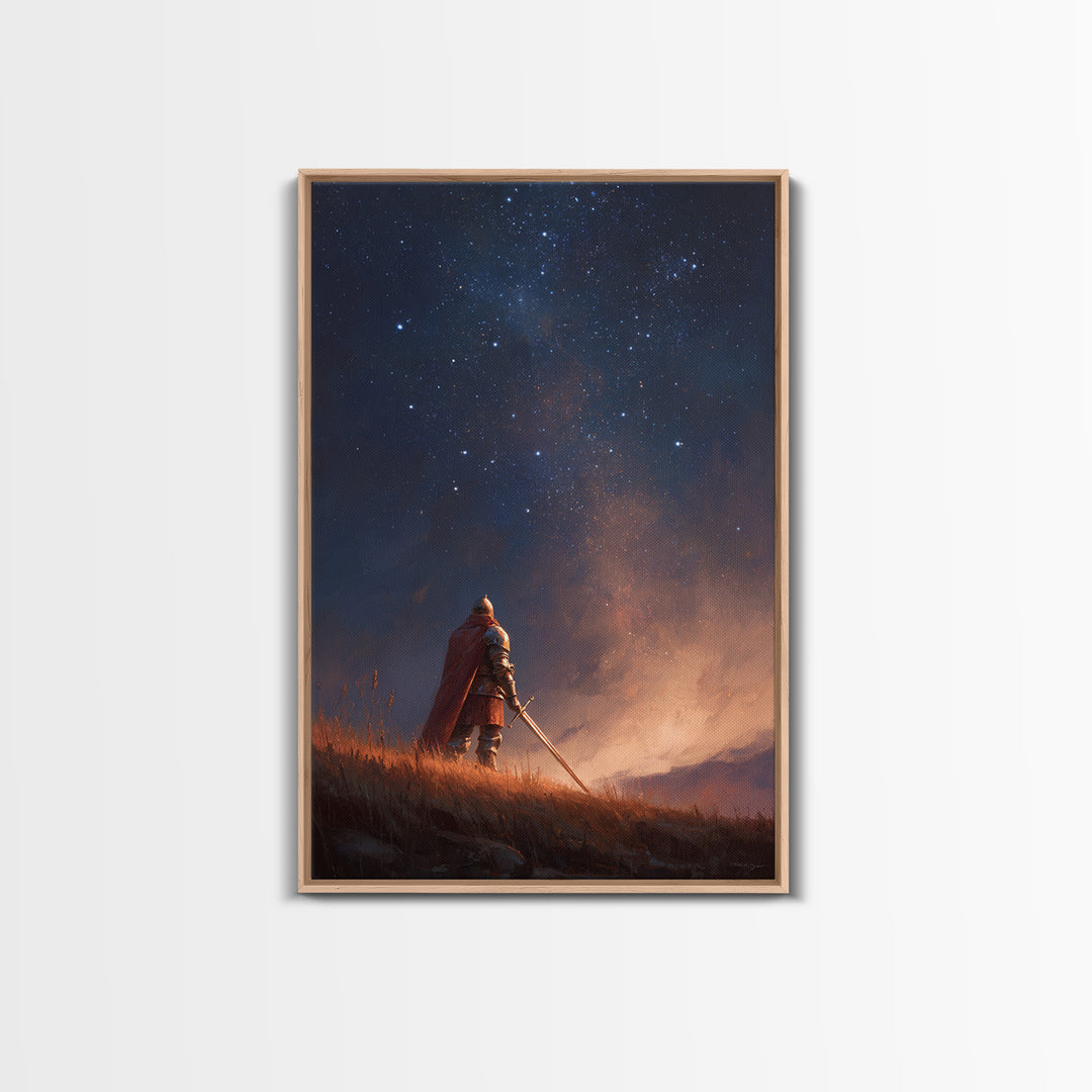 Knight Standing Under Starry Night Sky With Sword Illustration Fantasy Wall Art Framed Canvas Print For Home Decor