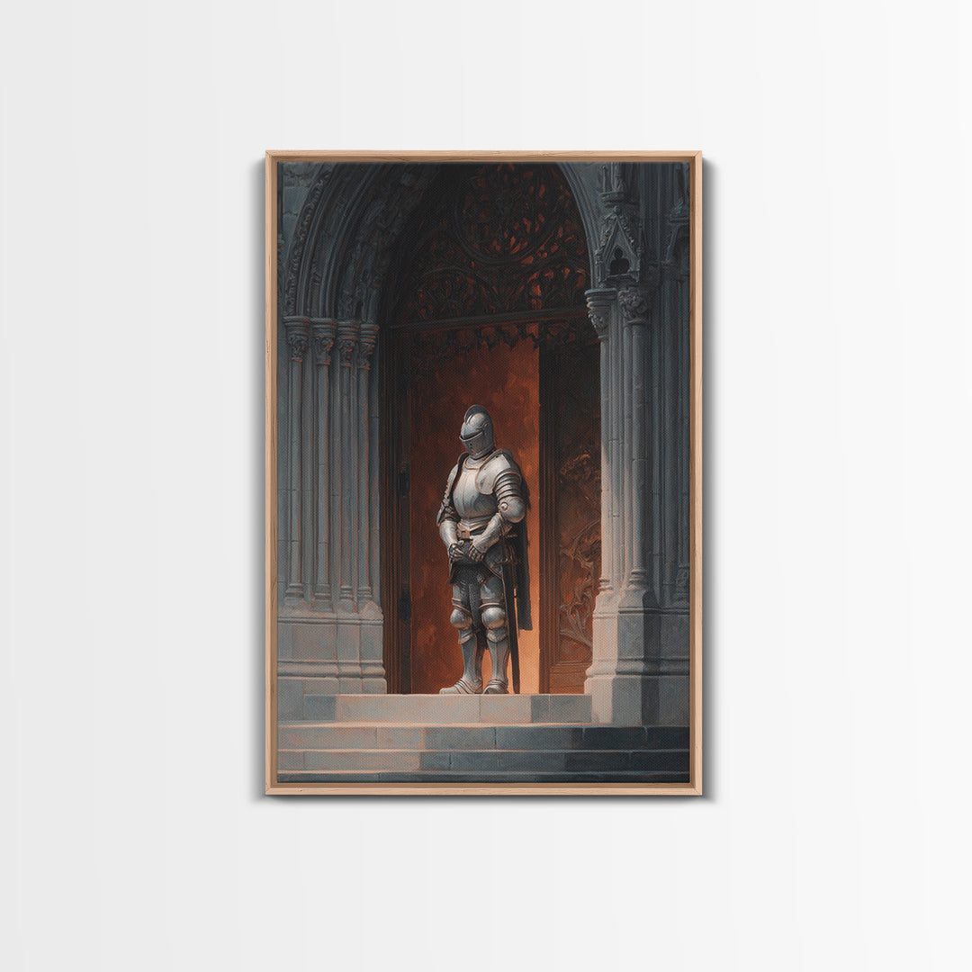 Medieval Knight Armor Standing At Gothic Cathedral Doorway Wall Art Framed Canvas Print For Home Decor Enthusiasts
