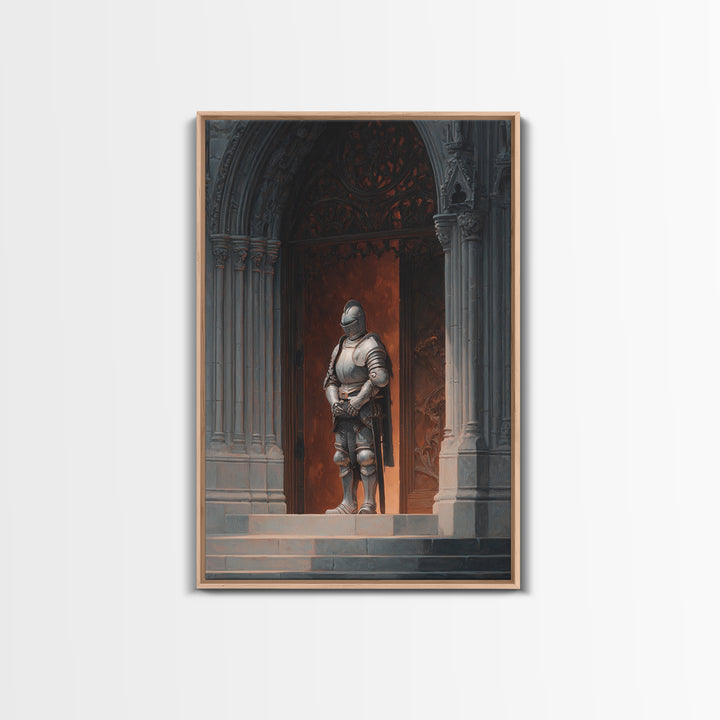 Medieval Knight Armor Standing At Gothic Cathedral Doorway Wall Art Framed Canvas Print For Home Decor Enthusiasts