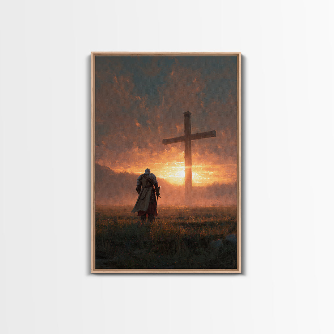 Knight Kneeling Before Large Cross At Sunset Spiritual Wall Art Framed Canvas Print Religious Artwork For Home Decor