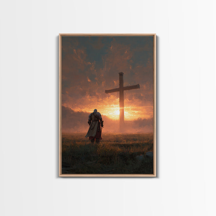 Knight Kneeling Before Large Cross At Sunset Spiritual Wall Art Framed Canvas Print Religious Artwork For Home Decor