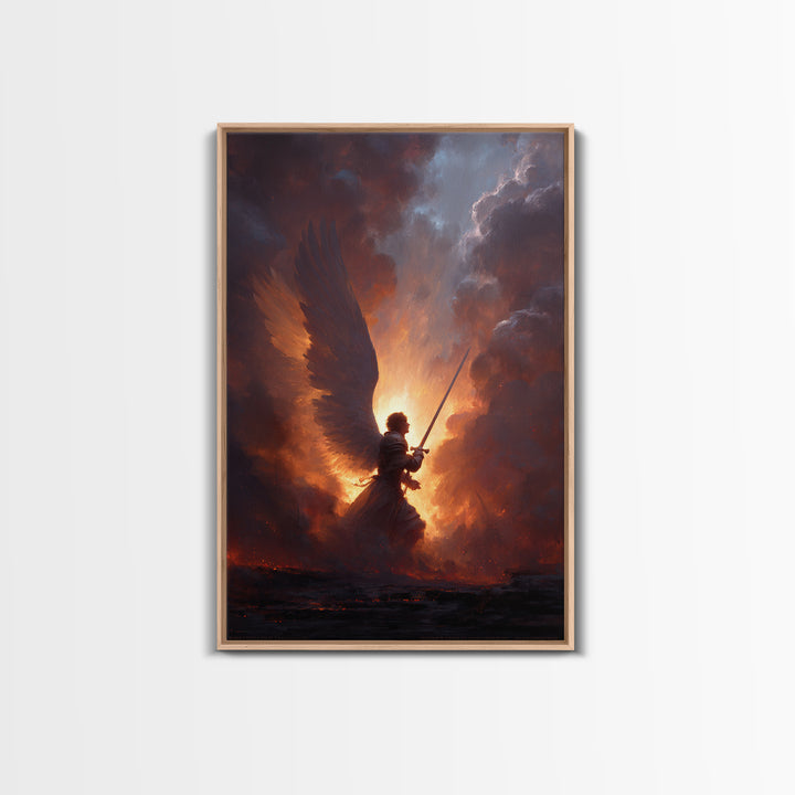 Epic Angel Warrior With Sword Radiant Light And Fiery Background Fantasy Art Framed Canvas Print For Home
