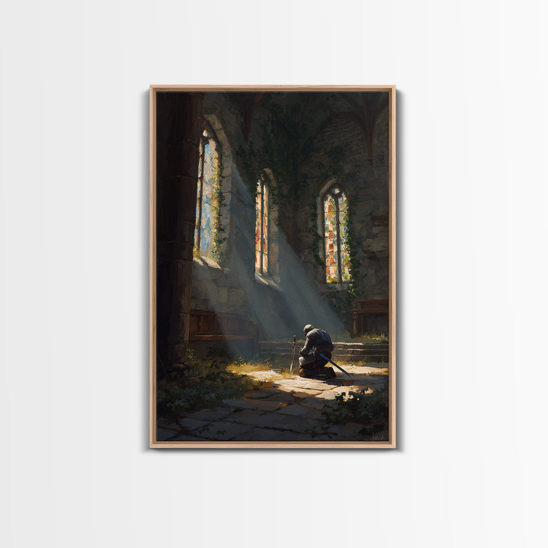 Medieval Knight Kneeling In Chapel With Sunlight Rays Warm Oil Painting Wall Art For Living Room Decor And Gift