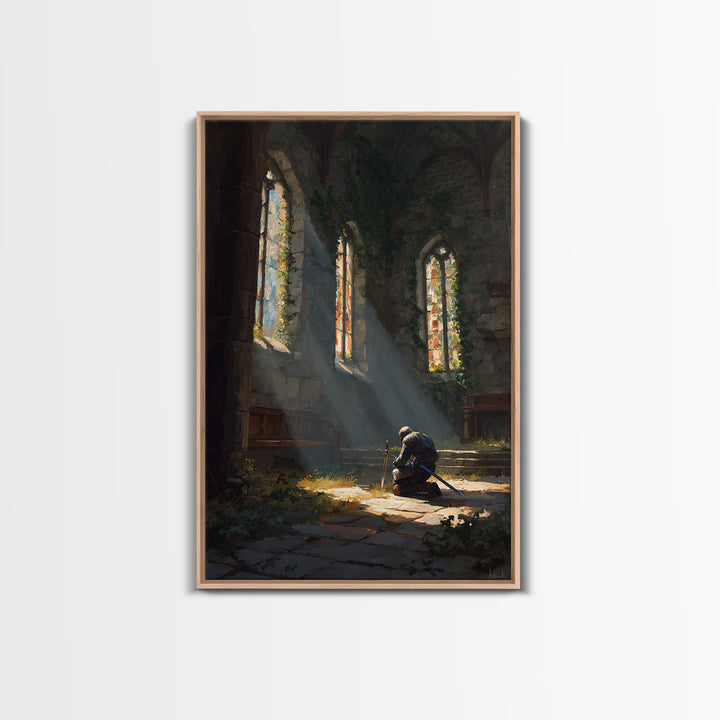Medieval Knight Kneeling In Chapel With Sunlight Rays Warm Oil Painting Wall Art For Living Room Decor And Gift