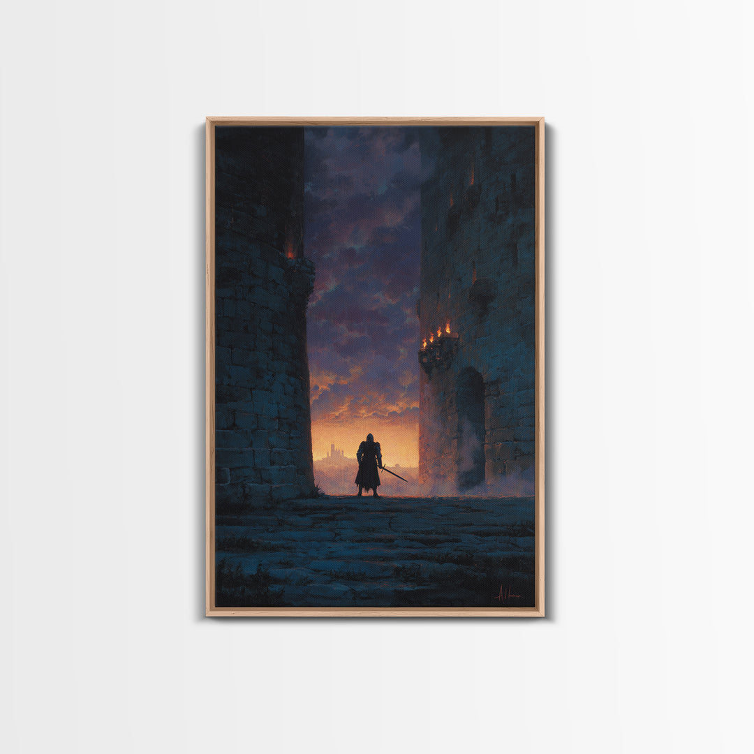 Knight Standing Between Ancient Castle Towers At Sunset With Sword Wall Art Framed Canvas Print For Home Decor