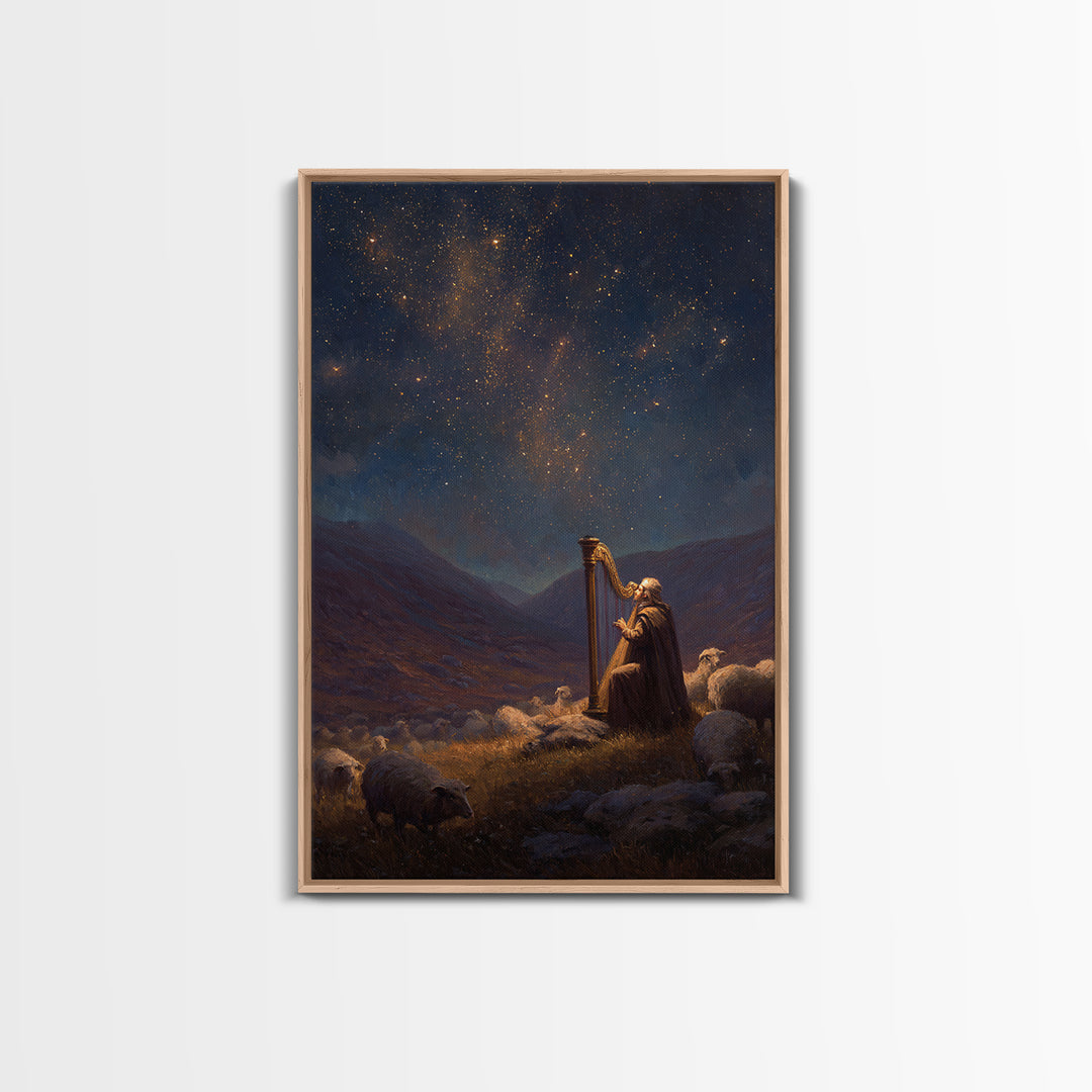 Harp Player In Mountain Landscape Classic Religious Wall Art Oil Painting Framed Canvas Print