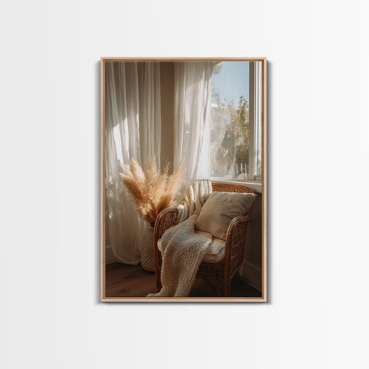 Cozy Wicker Chair And Pampas Grass Wall Art, Neutral Boho Home Decor, Sunlit Bedroom Canvas Print, Housewarming Gift For Her
