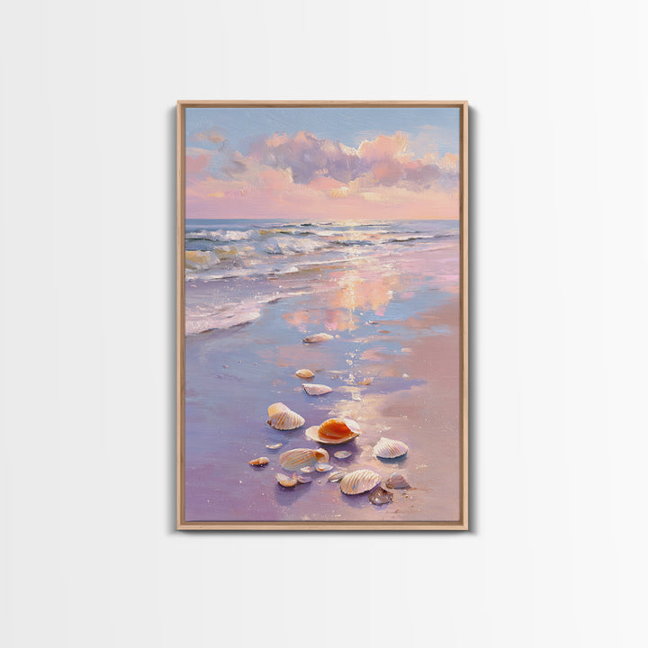 Pastel Seashell Beach Sunset Canvas Print, Coastal Wall Art, Ocean Painting, Beach House Decor, Seascape, Gift For Her, Home Decor
