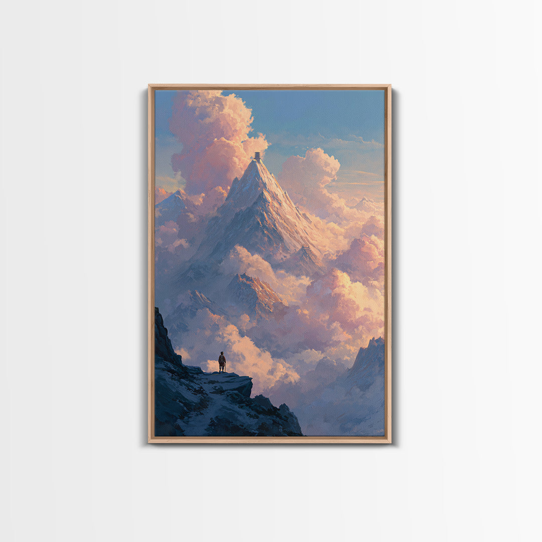 Epic Mountain Landscape With Pilgrim And Tower Framed Canvas Print Majestic Nature Wall Art Dramatic Sky Wall Decor