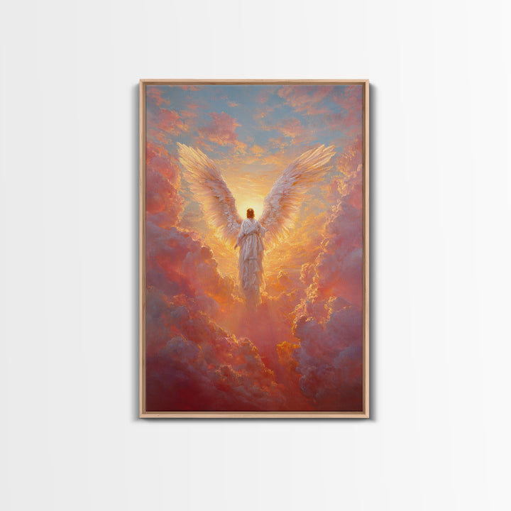 Glowing Angel In Radiant Sunset Sky Symbolic Spiritual Painting Wall Art Framed Canvas Print