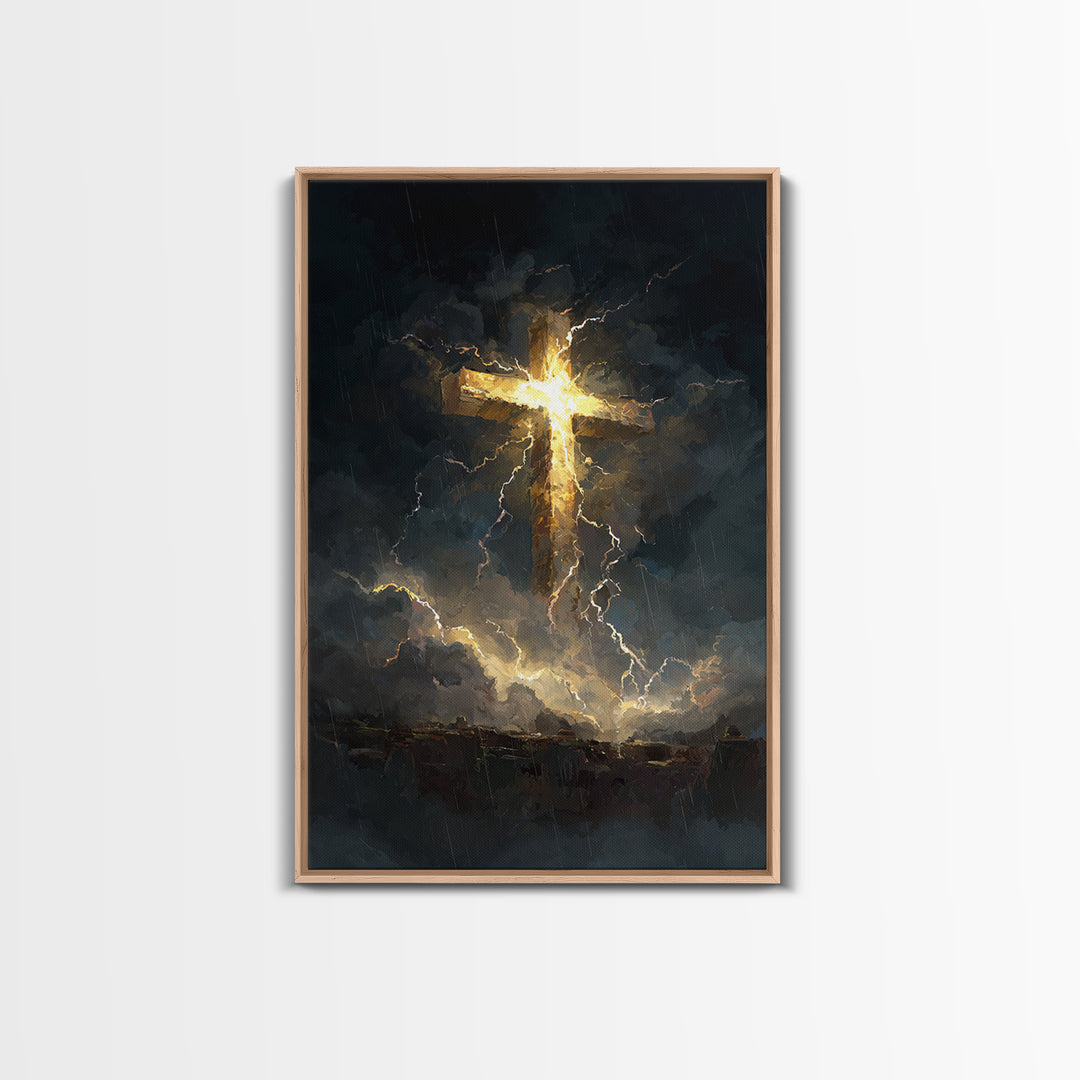 Powerful Cross Illuminated In Stormy Dark Sky Christianity Religious Wall Art Framed Canvas Print