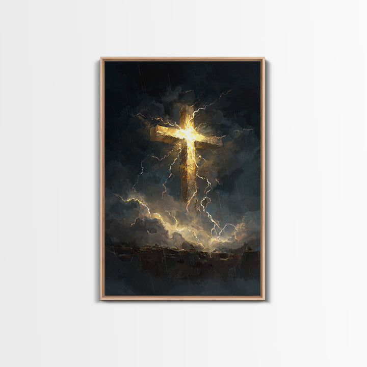 Powerful Cross Illuminated In Stormy Dark Sky Christianity Religious Wall Art Framed Canvas Print