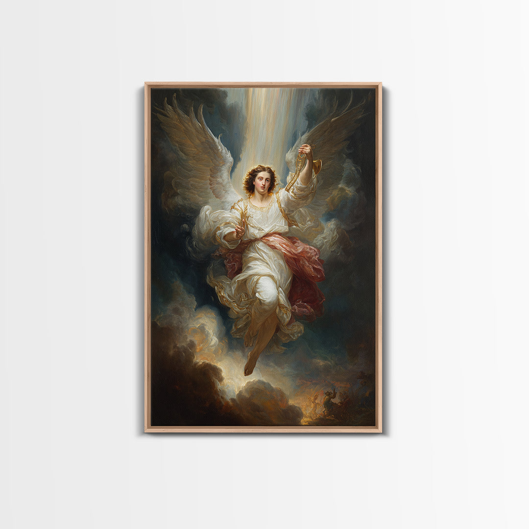 Radiant Angel In White Robes With Gold Accents And Warm Glowing Light - Framed Canvas Print For Home Decor