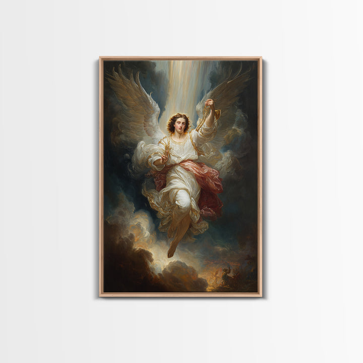 Radiant Angel In White Robes With Gold Accents And Warm Glowing Light - Framed Canvas Print For Home Decor