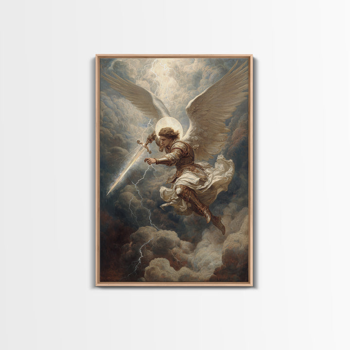 Majestic Archangel With Sword In Stormy Skies Wall Art Framed Canvas Print For Spiritual Home Decor