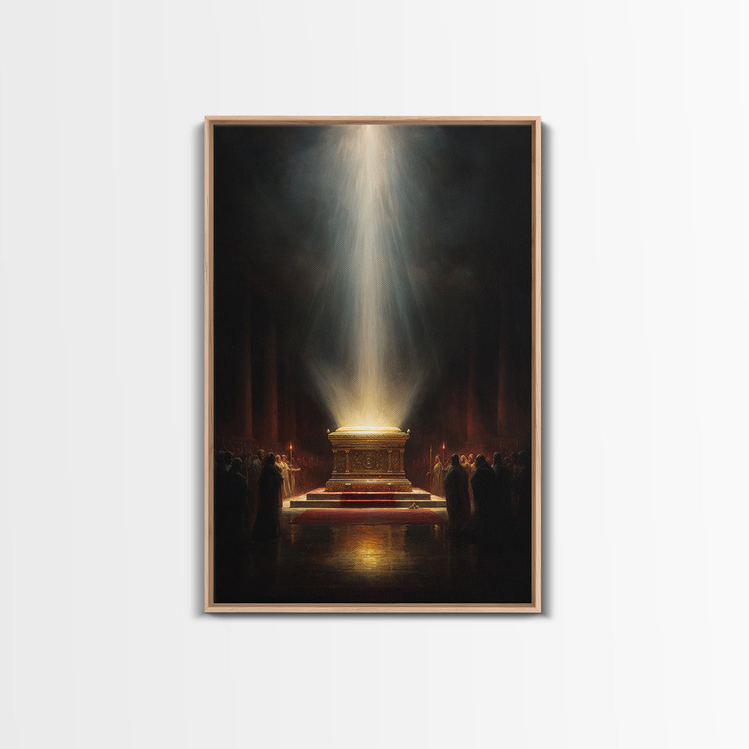 Golden Glowing Ark Illuminated By Light Rays Wall Art Framed Canvas Print For Religious Home Decor Gift