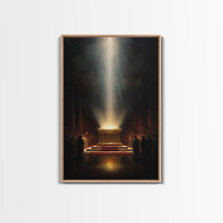 Golden Glowing Ark Illuminated By Light Rays Wall Art Framed Canvas Print For Religious Home Decor Gift