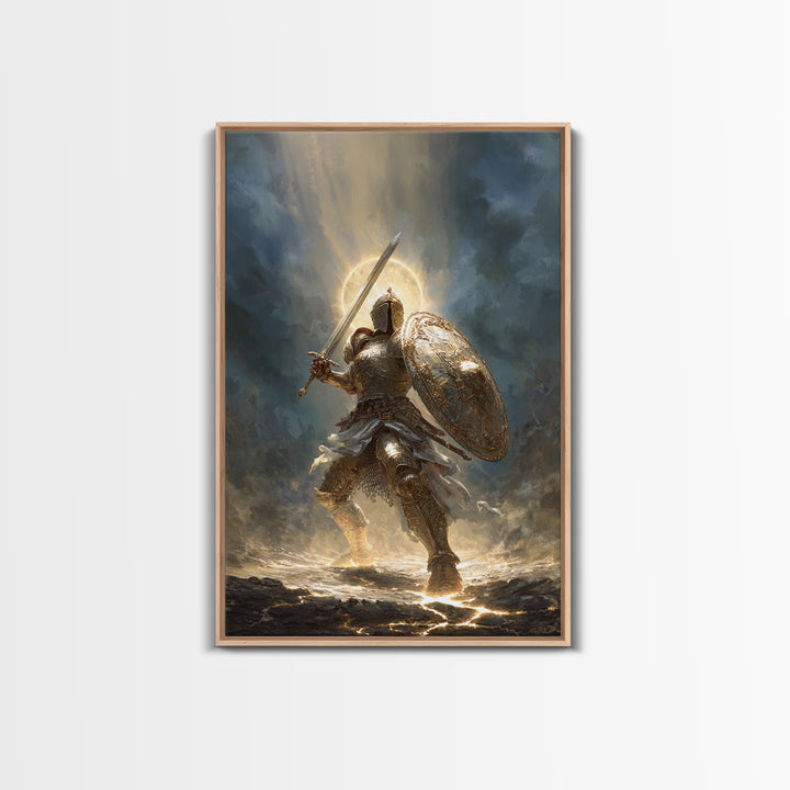 Heroic Knight In Golden Armor Digital Painting Canvas Print Wall Art For Medieval Decor And Fantasy Room Accent