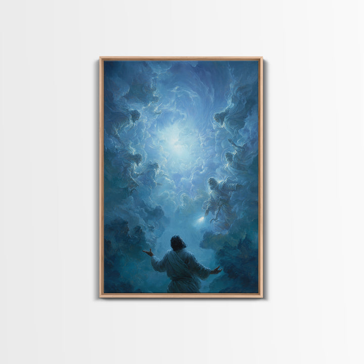 Celestial Encounter With Divine Figures In Blue Sky Spiritual Wall Art Framed Canvas Print For Home Decor