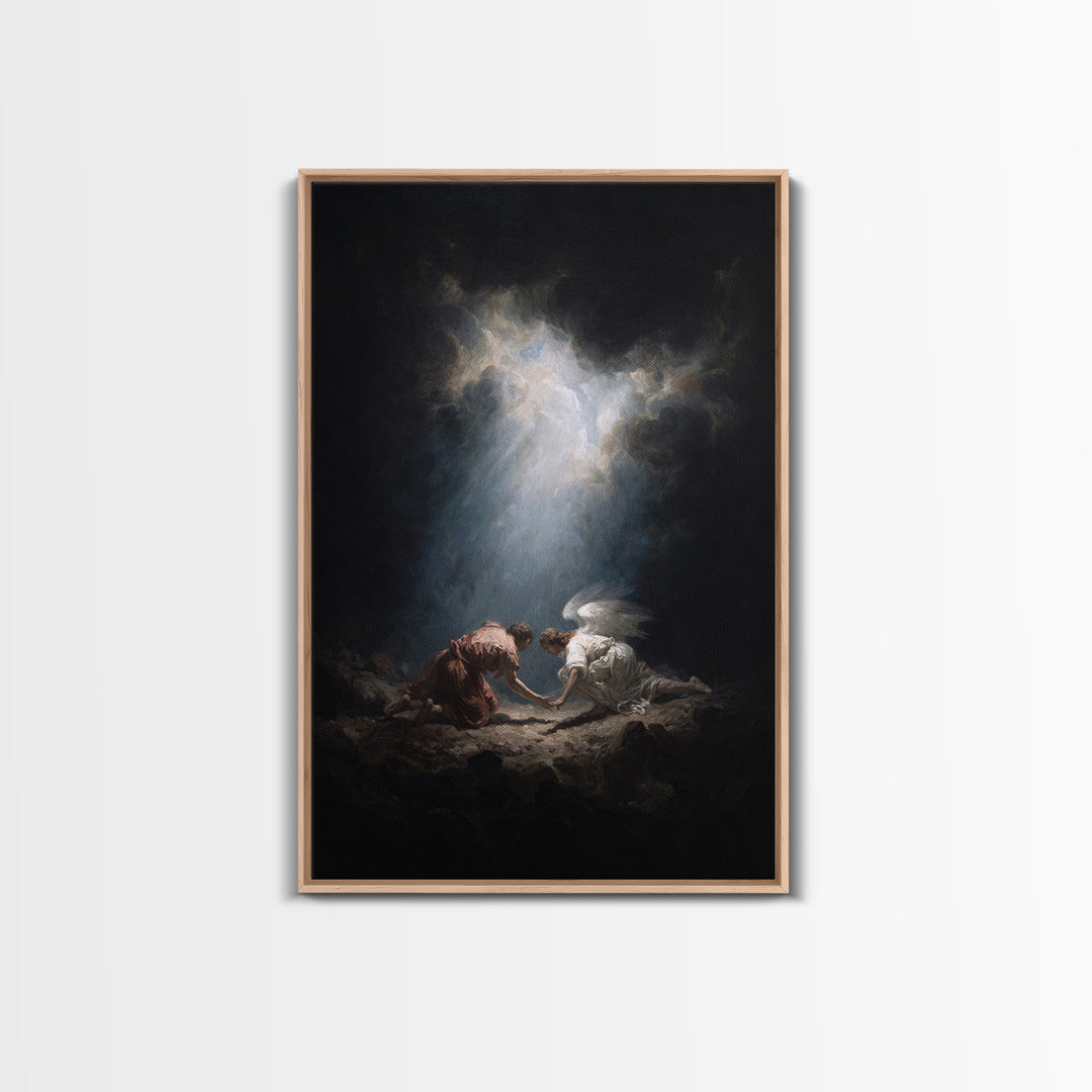 Mystical Religious Scene Angel And Figure In Light Rays Spiritual Wall Art Framed Canvas Print Calming Fine Art For Bedroom Decor