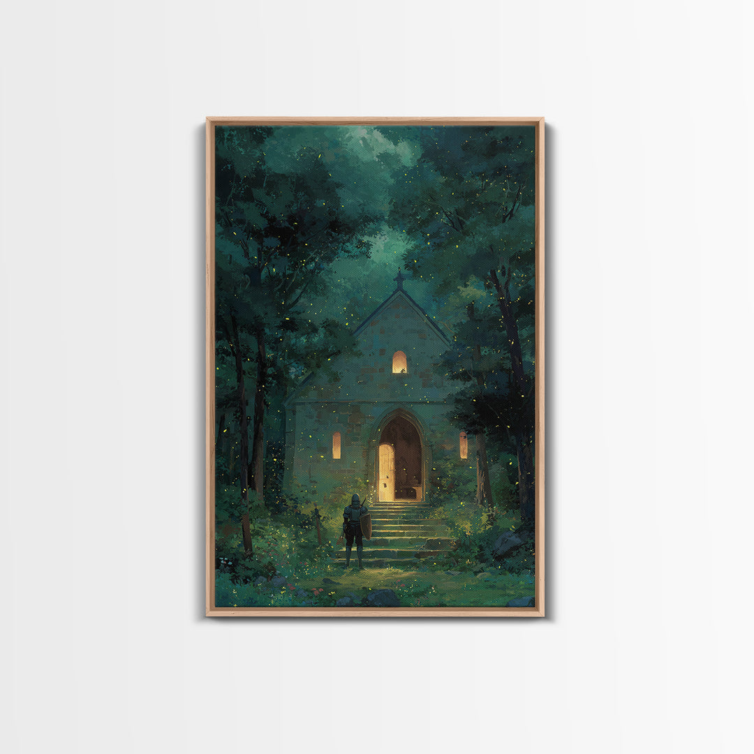 Knight Approaching Enchanted Forest Chapel With Fireflies At Dusk Wall Art Framed Canvas Print For Bedroom Decor