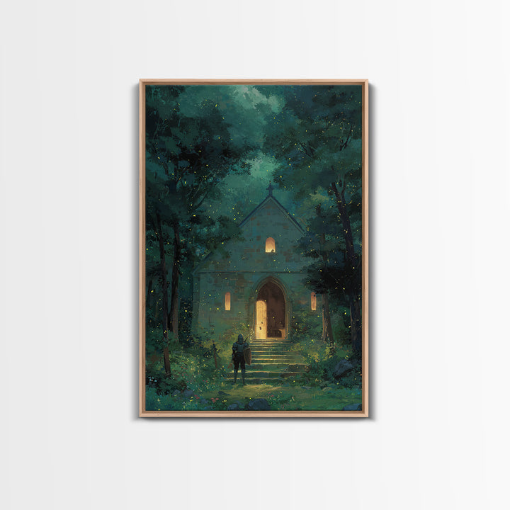 Knight Approaching Enchanted Forest Chapel With Fireflies At Dusk Wall Art Framed Canvas Print For Bedroom Decor