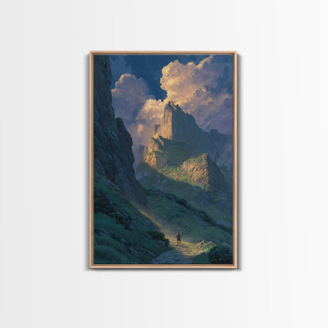 Epic Mountain Landscape With Brave Knight Walking Path Dramatic Sky Fine Art Canvas Print For Living Room