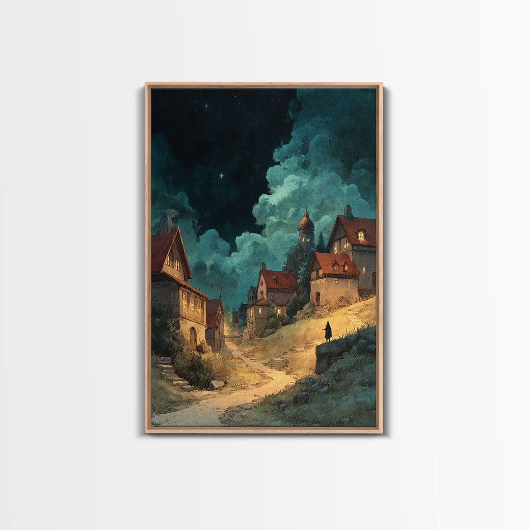 Fantasy Village Landscape With Glowing Lights At Night Framed Canvas Print Large Wall Art For Living Room