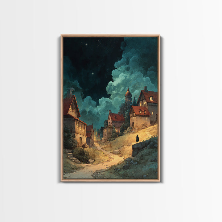 Fantasy Village Landscape With Glowing Lights At Night Framed Canvas Print Large Wall Art For Living Room