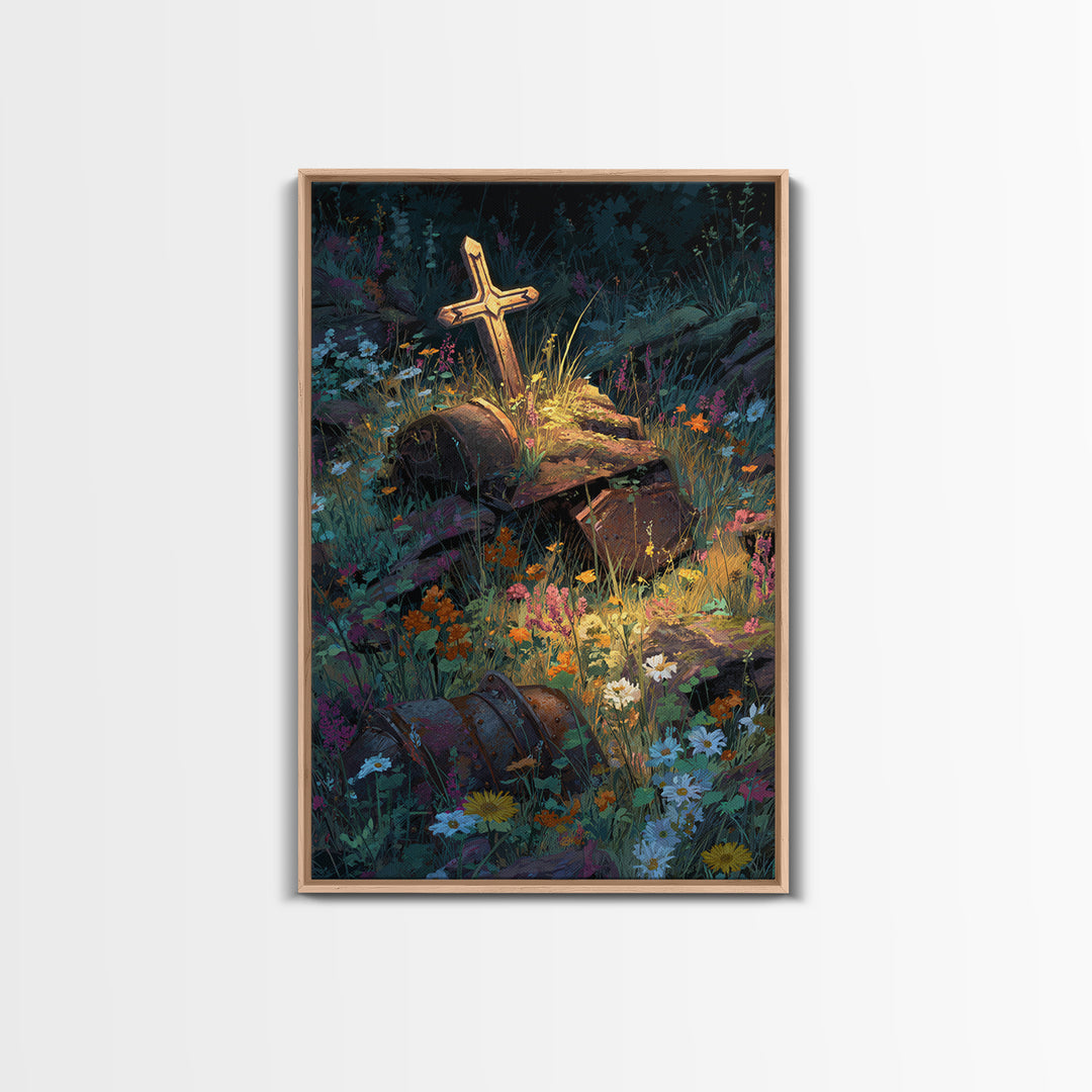 Overgrown Ruins With Flowers Fantasy Landscape Digital Painting Wall Art Canvas Print Unique Nature Inspired Home Decor