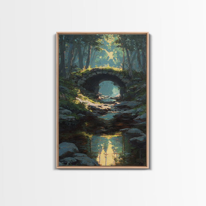 Serene Forest Path Under Stone Bridge With Dappled Sunlight Original Oil Painting Wall Art Framed Canvas Print