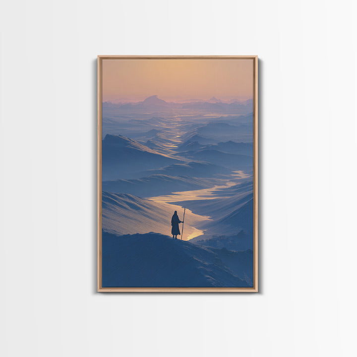 Serene Blue Mountain Landscape With Lone Traveler Canvas Print Tranquil Wall Art Framed Home Decor