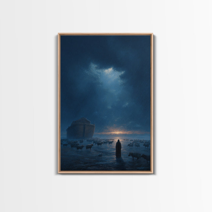 Dramatic Rainy Night With Ark And Shepherd Surrounded By Sheep Wall Art Framed Canvas Print For Home Decor