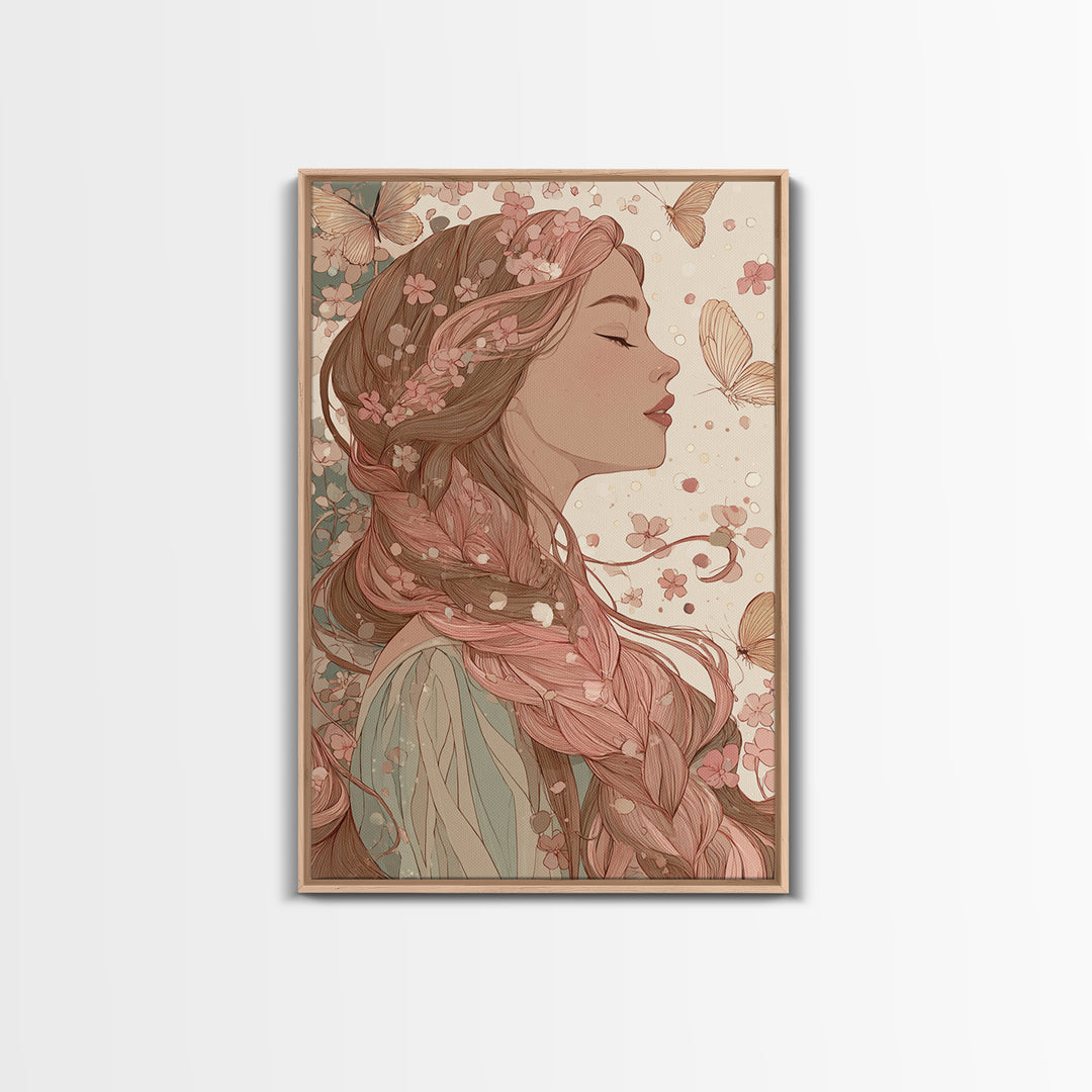 Art Nouveau Woman With Butterflies Framed Canvas Print, Feminine Wall Art, Floral Portrait, Romantic Bedroom Decor, Gift For Her