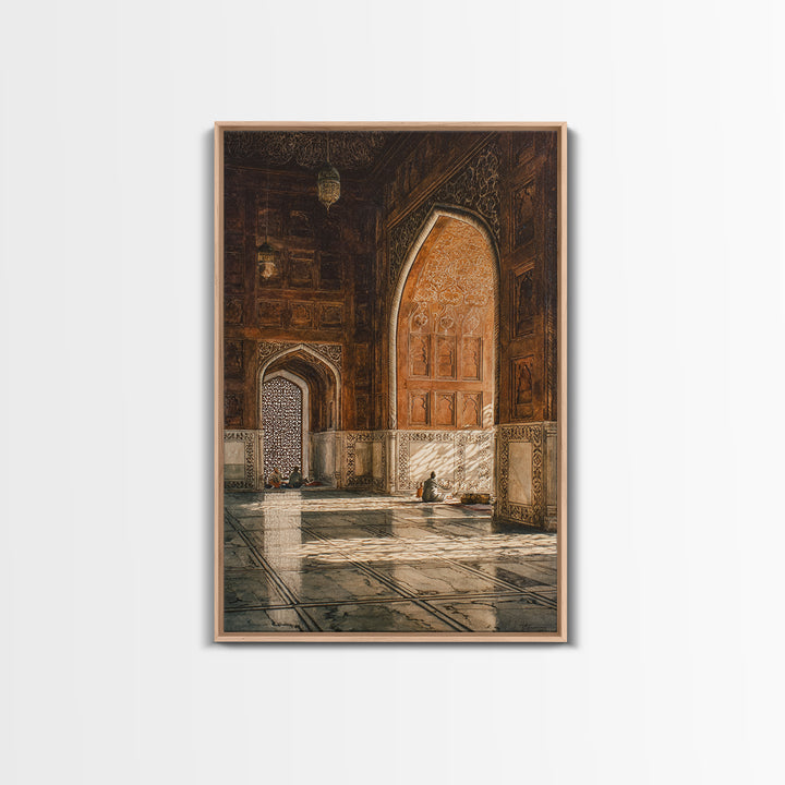 Sunlit Mosque Interior Painting With Intricate Archways Canvas Print Wall Art For Islamic Decor And Spiritual Ambiance