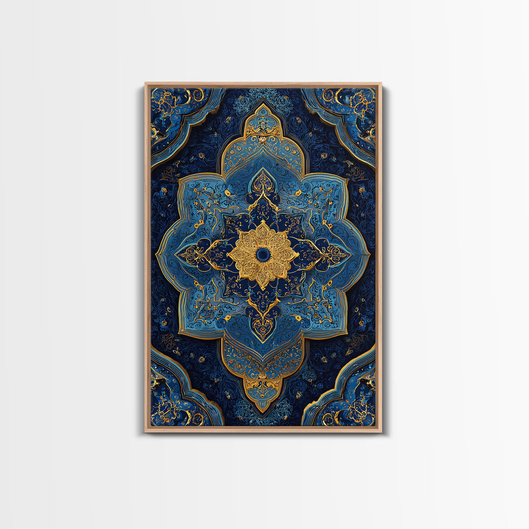 Luxurious Blue And Gold Ornate Mandala Pattern Modern Wall Decor Framed Canvas Print For Elegant Spaces