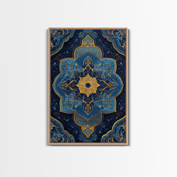 Luxurious Blue And Gold Ornate Mandala Pattern Modern Wall Decor Framed Canvas Print For Elegant Spaces