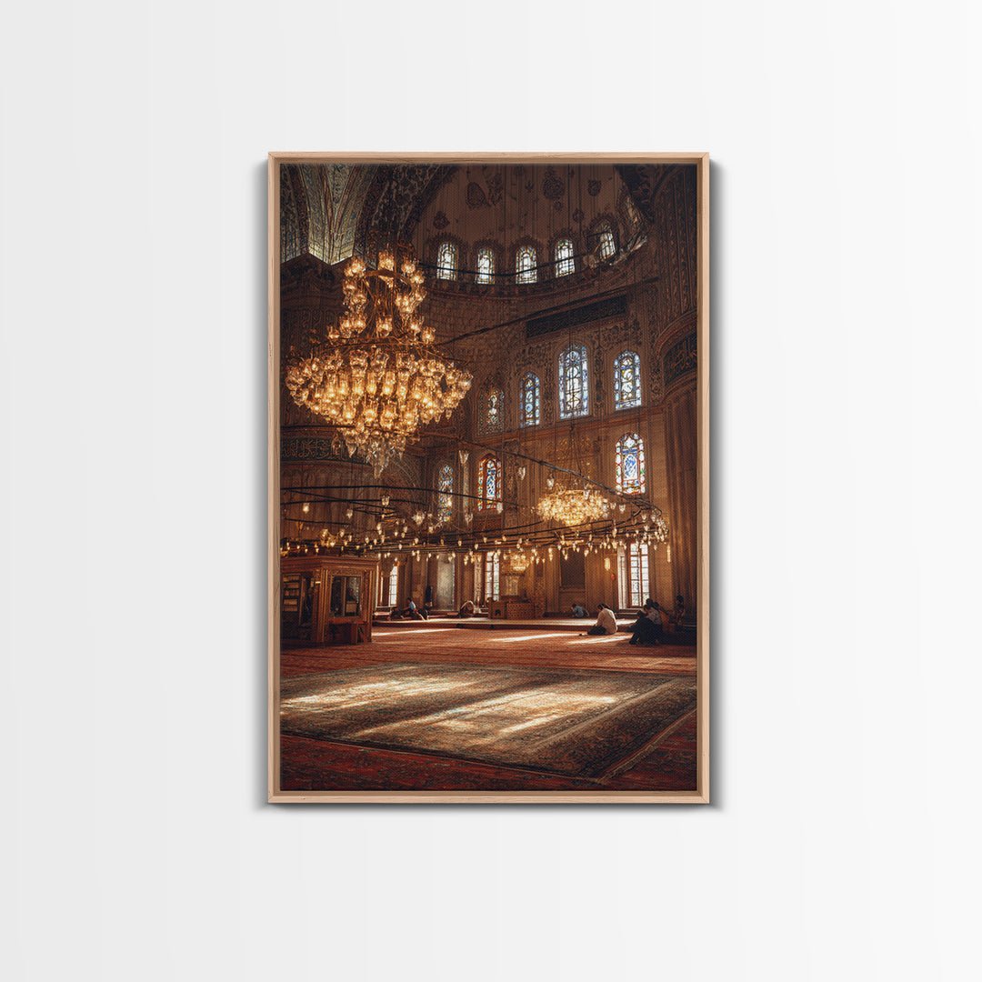 Beautiful Large Chandelier Lightning Historic Mosque Interior - Fine Art Wall Art Framed Canvas Print For Spiritual Spaces