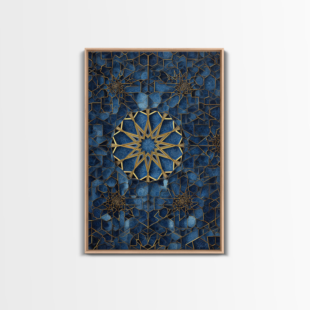 Intricate Blue And Gold Islamic Geometric Wall Art Framed Canvas Print Perfect For Modern Home Decor And Spiritual Spaces