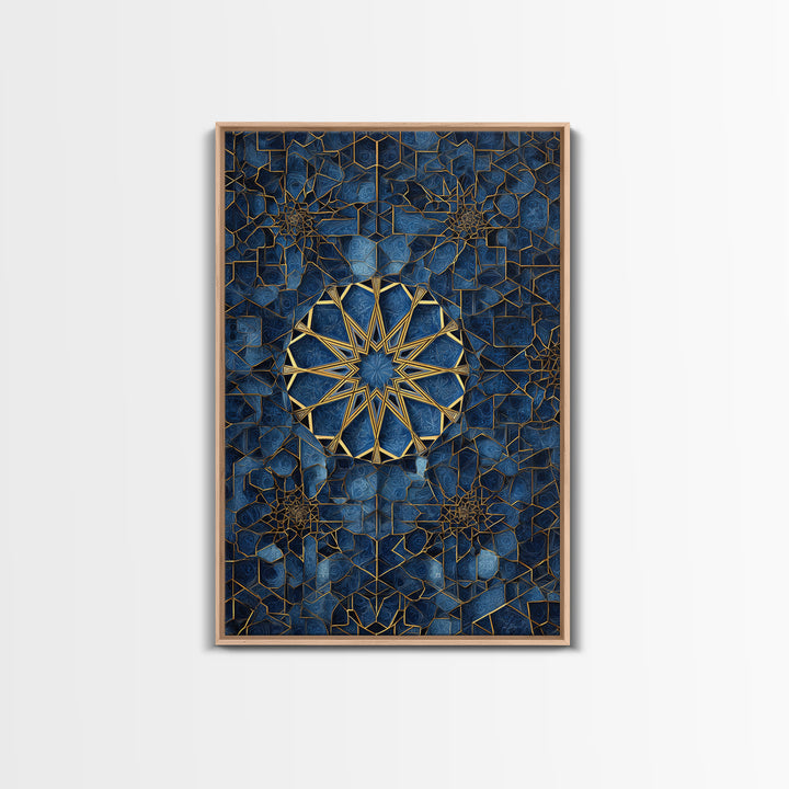 Intricate Blue And Gold Islamic Geometric Wall Art Framed Canvas Print Perfect For Modern Home Decor And Spiritual Spaces