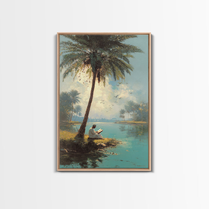 Serene Middle Eastern Landscape With Man Reading By Palm Tree Vintage Style Painting Wall Art Canvas Print