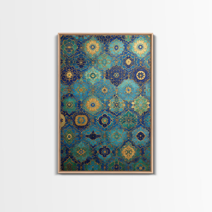 Blue And Gold Islamic Geometric Tile Art Elegant Framed Canvas Print For Traditional Home Decor Or Thoughtful Gift