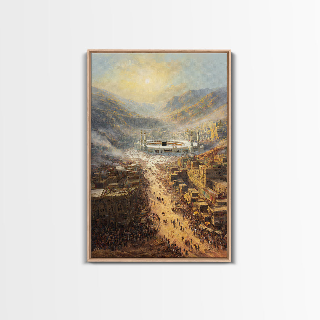Sunrise Over Crowded Ancient Cityscape With Mountains And Kaaba - Wall Art Framed Canvas Print For Home Decor
