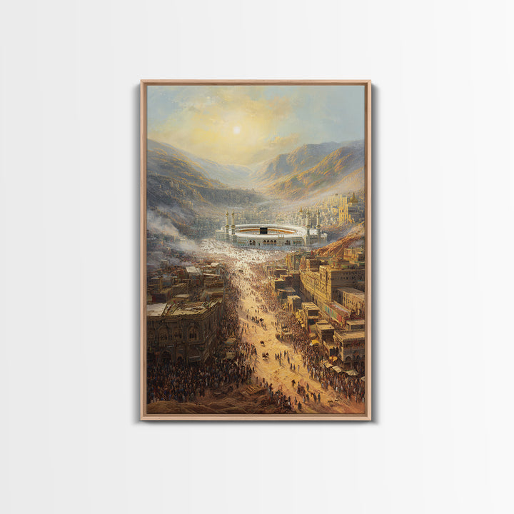 Sunrise Over Crowded Ancient Cityscape With Mountains And Kaaba - Wall Art Framed Canvas Print For Home Decor