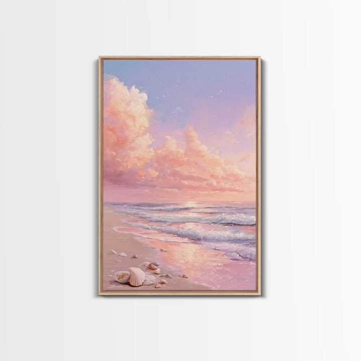 Pastel Ocean Sunrise With Seashells Canvas Print, Coastal Wall Art, Beach House Decor, Seascape Painting, Gift For Her, Home Decor
