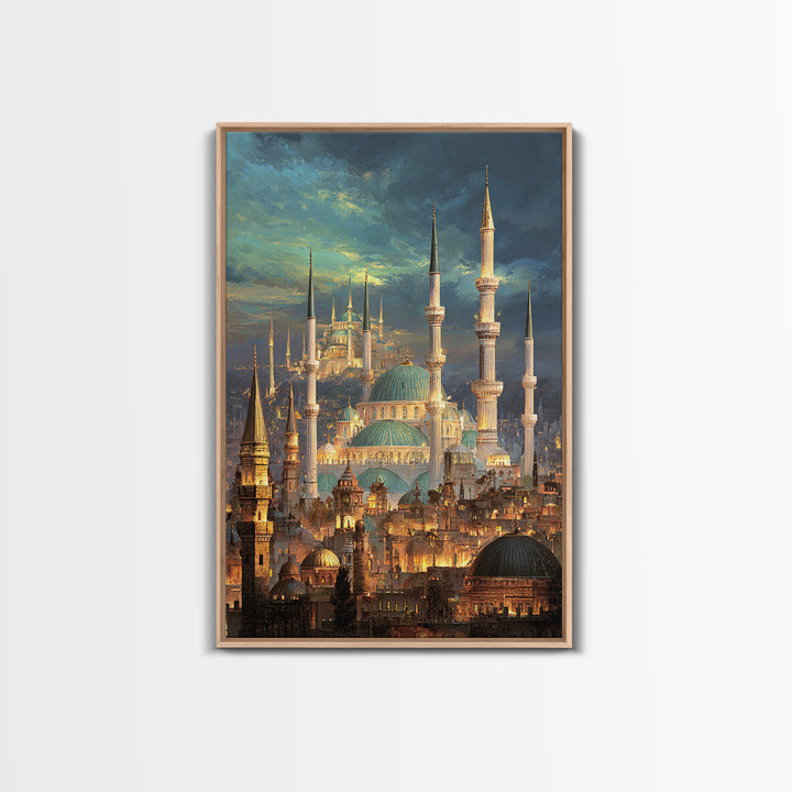 Elegant Cityscape Painting Of Historic Minarets And Domes With Glowing Lights At Dusk Wall Art Canvas Print