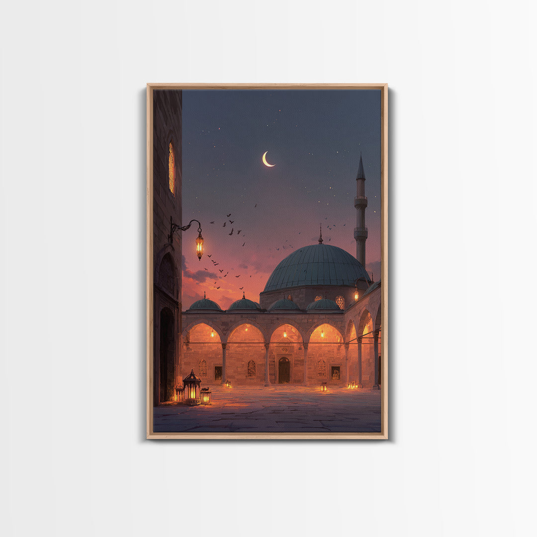 Magical Mosque Courtyard At Dusk With Lanterns And Crescent Moon Vibrant Islamic Wall Art Framed Canvas Print
