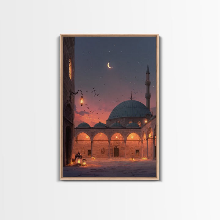 Magical Mosque Courtyard At Dusk With Lanterns And Crescent Moon Vibrant Islamic Wall Art Framed Canvas Print