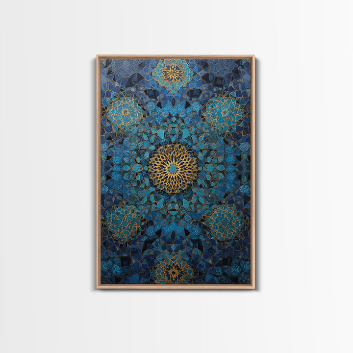 Intricate Blue And Gold Islamic Geometric Pattern Wall Art Framed Canvas Print For Modern Home Decor