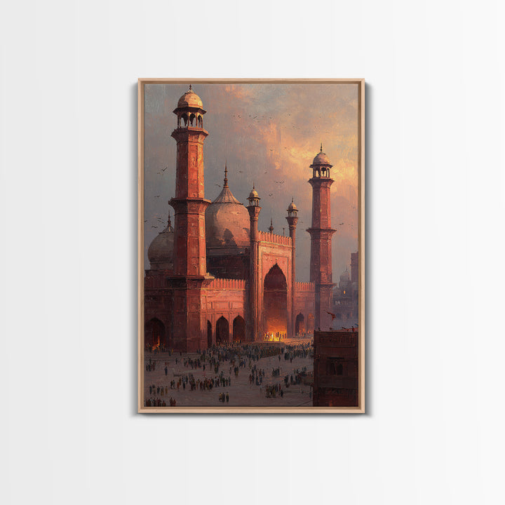 Historic Red Mosque Sunset Scene With Crowds And Birds Captured In Beautiful Oil Painting Wall Art